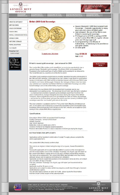 London Mint Office's Linked 2009 Gold Sovereign Page